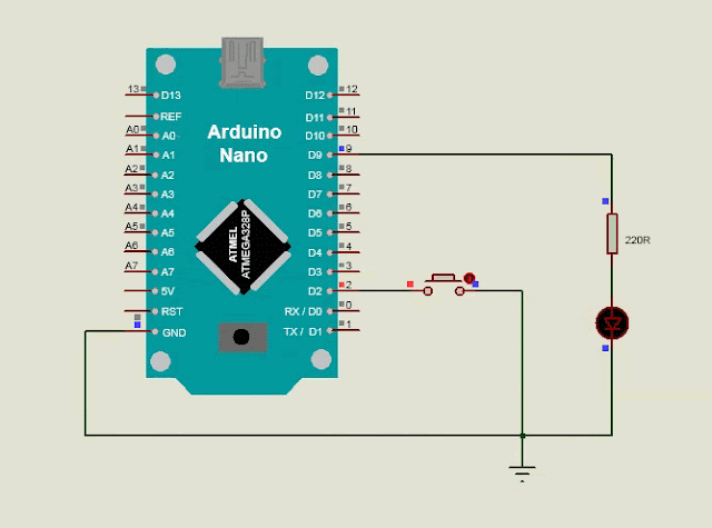 Schematic diagram of Arduino Nano Push Button and LED interfacing
