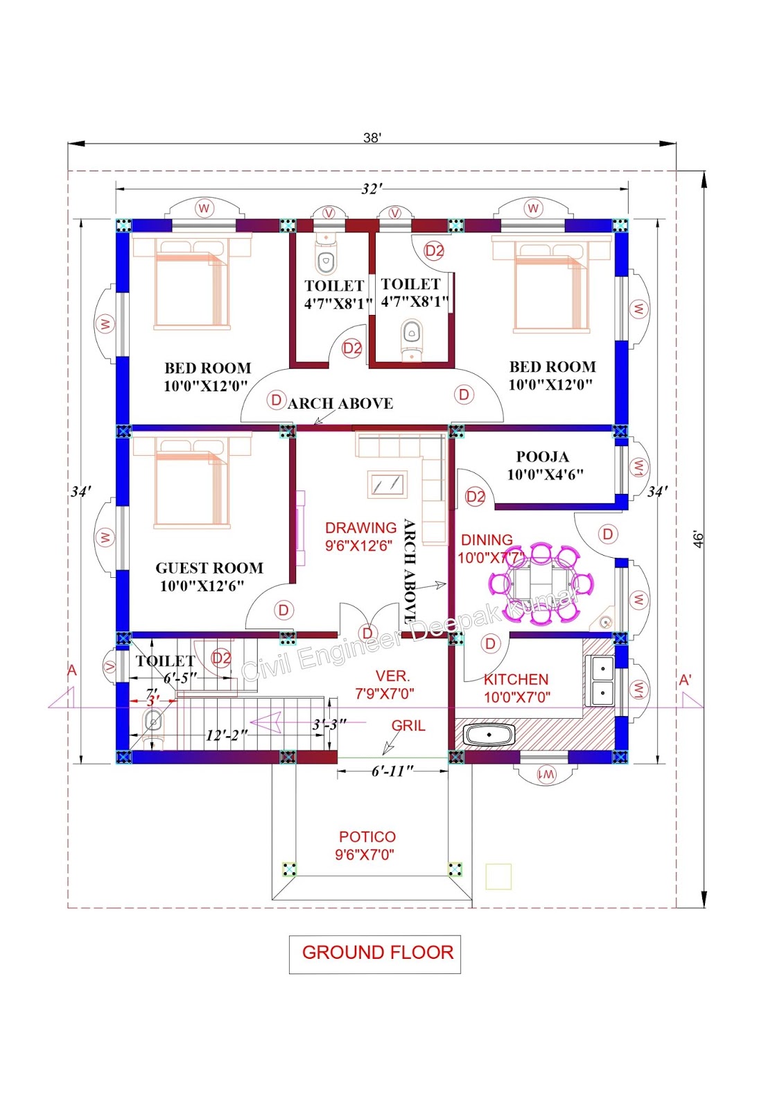 Civil Engineer Deepak Kumar 32 X 34 Feet House Plan Full Layout Drawing Plot Area 38 X 46