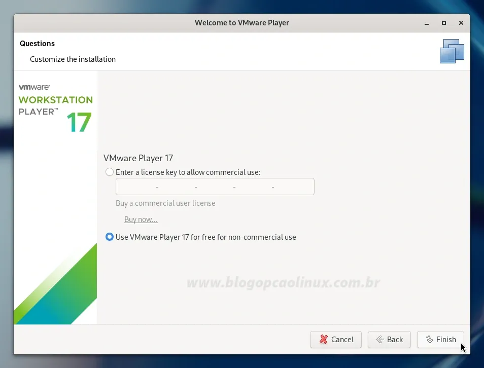 Você tem a opção de inserir uma licença comercial do Workstation Player (caso tenha comprado) ou selecionar a opção para uso pessoal e não comercial