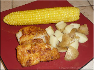 corn on the cob with steamed potatoes and pan fried cod