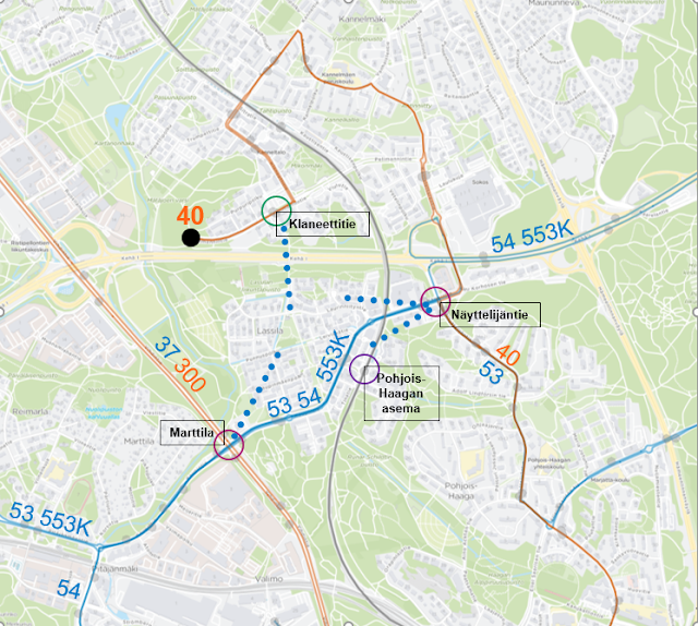 Kartalla esitetty Lassilan yhteydet. Lassilan läpi pääsee linjoilla 53, 54, 553K. Lassilan lähistöltä kulkevat linjat 37, 40 ja 300. Linja 40 kulkee Näyttelijäntietä, linjat 37 ja 300 Vihdintietä. Myös Pohjois-Haagan juna-asema on lähellä.