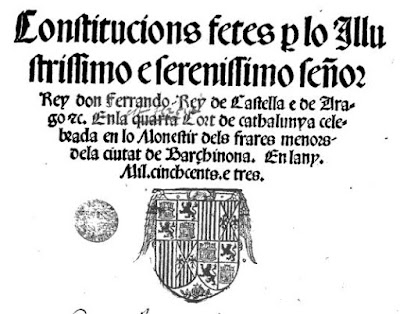 Fernando II lo Católic al 1503 promulgue les Constitucions de Catalunya y a la portada figure lo escut de los Reys en l´áliga de San Juan. Perque ere un facha.