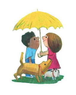 Two kids and a dog take shelter under one umbrella