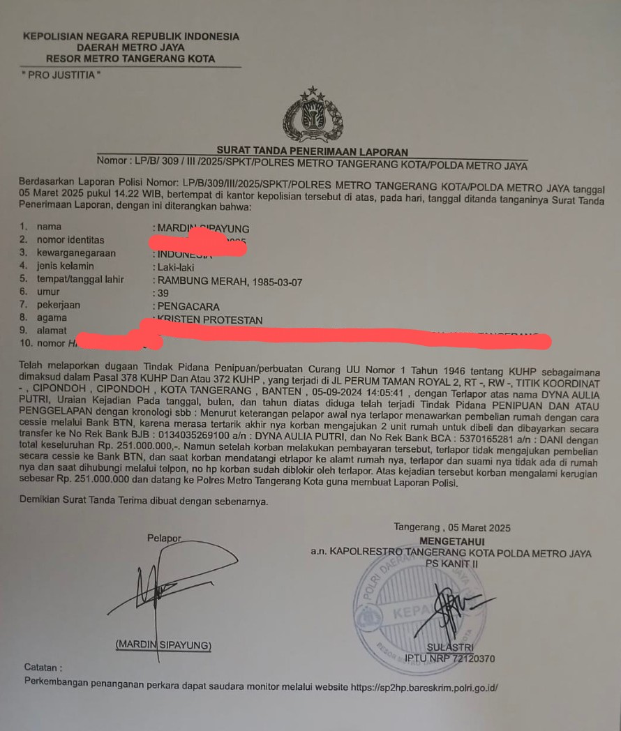 Polres Metro Tangerang Kota Diminta Segera Tangkap DAP Pelaku Dugaan Penipuan