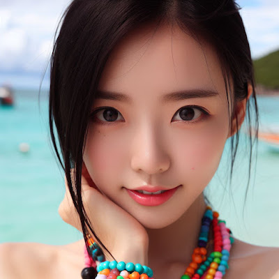 Beautiful Korean girl close up with Bahamas sea in background
