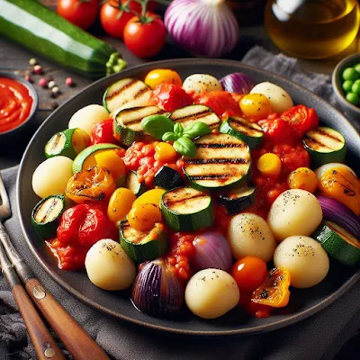 Auf dem Bild ist eine Pfanne mit Gnocchi und gegrillten Zucchinischeiben, Auberginenscheiben, Zwiebelringe mit Tomatensauce zu sehen. Es ist ein sehr appetitlich aussehende vegane Mahhlzeit.