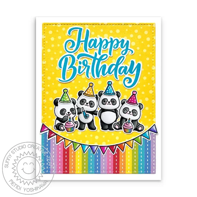 Sunny Studio Panda Birthday Card (using Panda Party & Big Bold Greetings Stamps, Stitched Rectangle Dies & Surprise Party Paper)