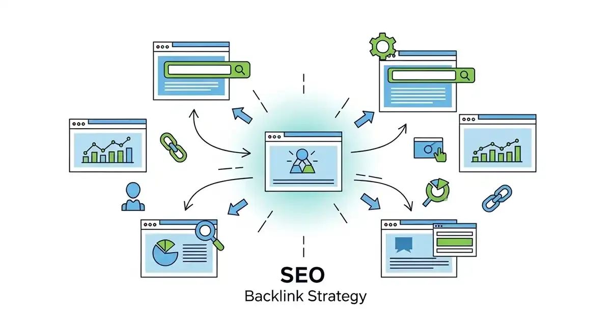 Illustration showing how backlinks improve SEO by connecting multiple websites to a central page, symbolizing increased domain authority and search engine visibility.