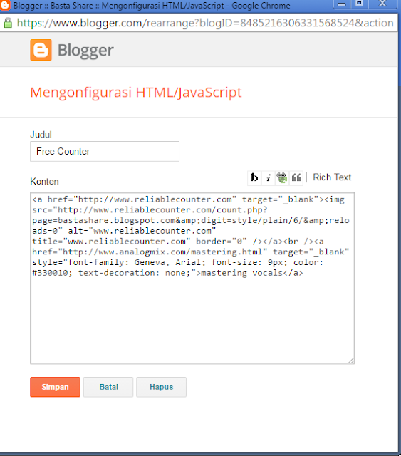 Cara Memasang Hit Counter (Penghitung Pengunjung Blog)