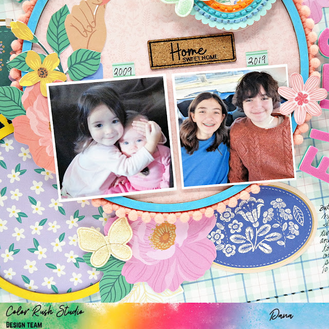 Colorful layered scrapbook layout created with the Poppy and Pear collection from Bea Valint and dimensional embellishments from Color Rush Studio.