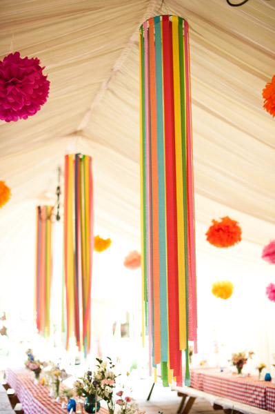 These beautiful crepe paper streamer chandeliers are from a wedding featured