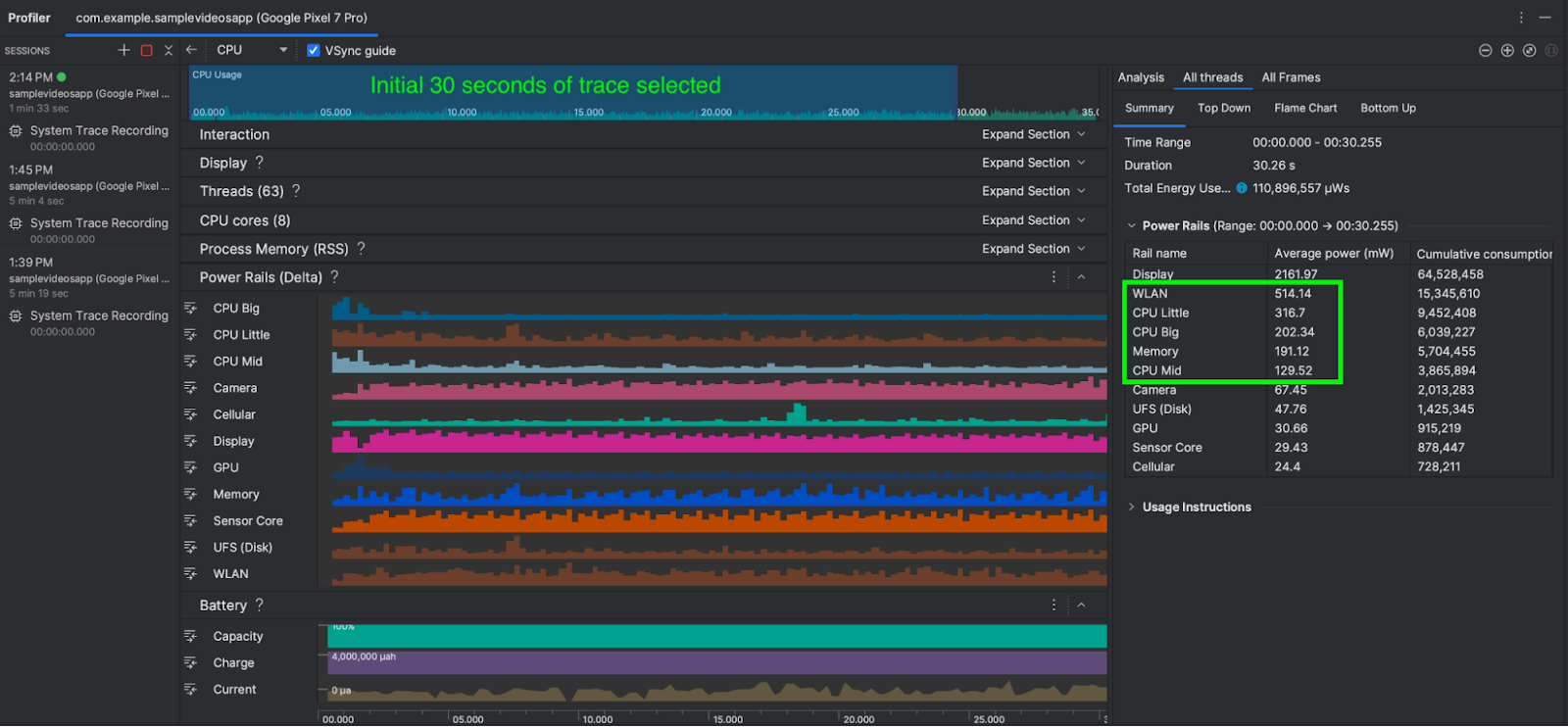 Power consumption in scenario A - playing a 4k video