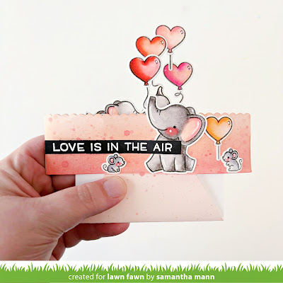 Love is in the Air Card by Samantha M for Lawn Fawn, Platform Pop-Up, Valentine's Day, Card Making, Distress Inks, Ink Blending, Die Cutting, Elephant, #lawnfawn #distressinks #inkblending #cardmaking #handmadecards #elephant #valentinesday #love #platformpopup