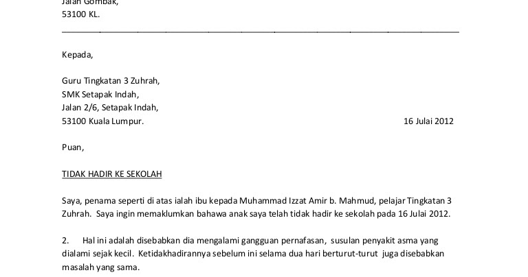 Surat Ketidak Hadiran Ke Sekolah Kerana Pertandinggan