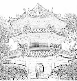 sketch of a Chinese temple building