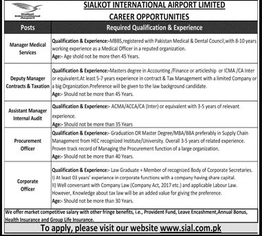 Sialkot International Airport Limited (SIAL) Jobs 2022 – www.sial.com.pk