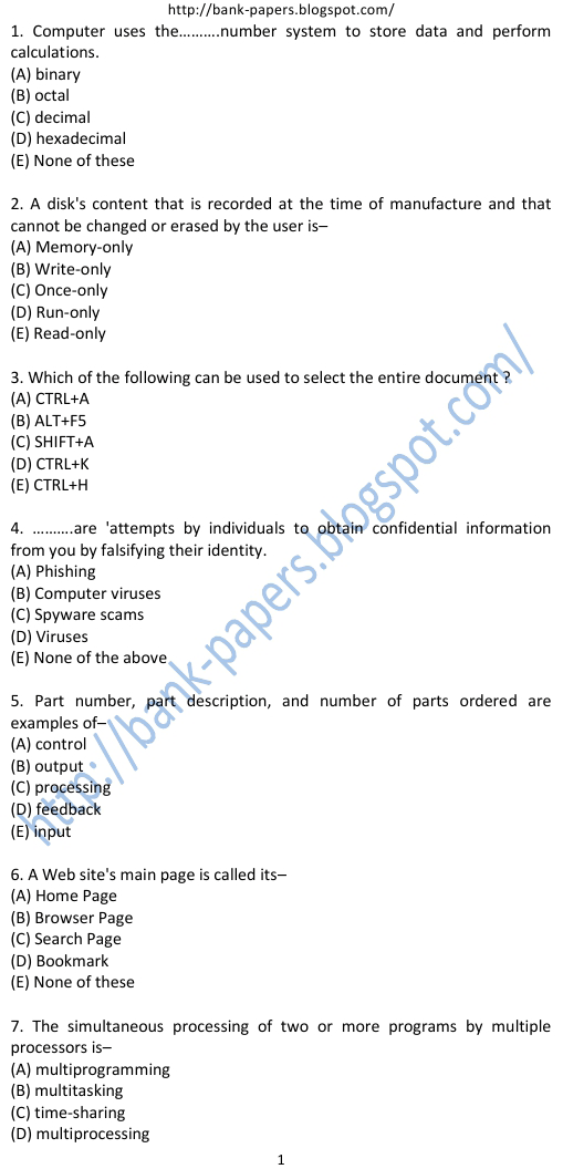 computer questions for bank clerk exams