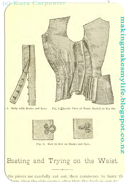 Detailed drawings show interior of dress bodices, from Victorian sewing book "Hecklinger's Ladies' Garments"