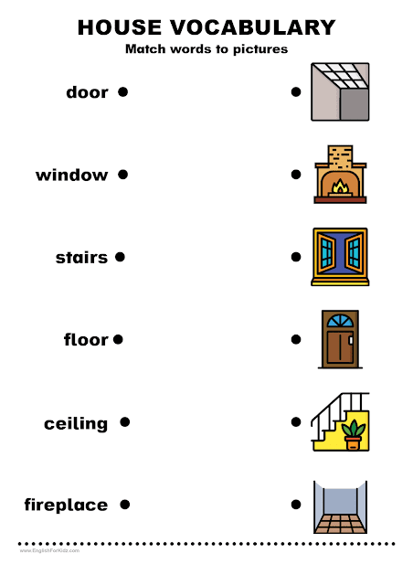 House vocabulary worksheet. Matching words to pictures.