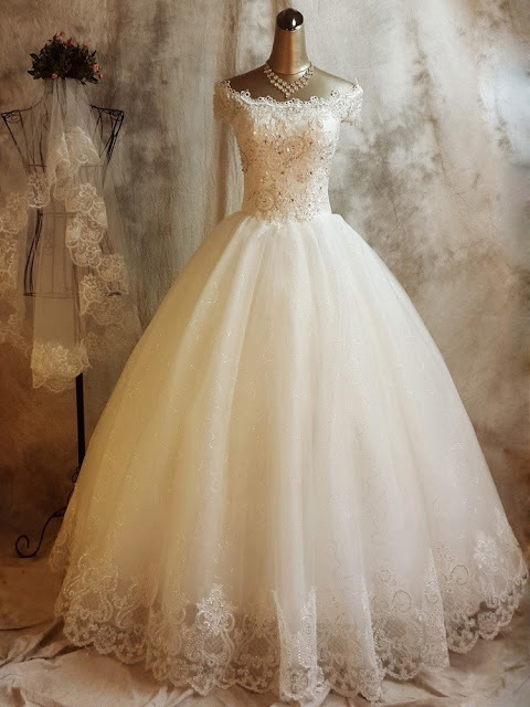 Tulle Off-the-shoulder Ball Gown Floor-length with Beading Wedding Dresses