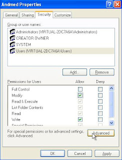 Windows 7, propriétés du dossier, Paramètres de sécurité avancés, onglet Autorisations. Pour modifier les droits d'accès listés, cliquez sur Modifier les autorisations.   