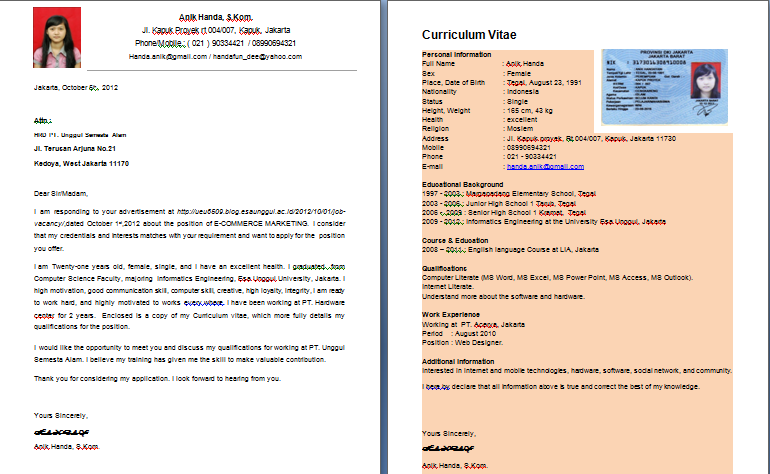 Contoh Application Letter amp Curriculum Vitae My life My story Contoh ...