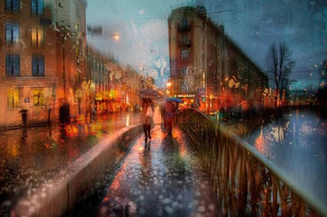 acrylic paintings of rainy cityscapes