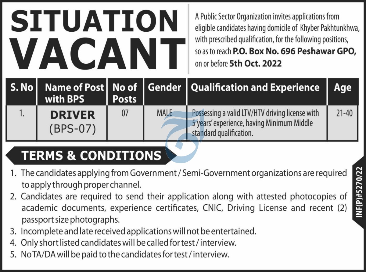 Latest Public Sector Organization Driving Posts Peshawar 2022