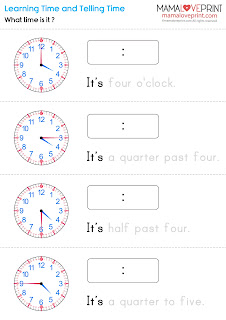 MamaLovePrint . K3 Math Worksheets . Learning Time (Level 6 : Telling Time) Math Worksheets PDF Free Download