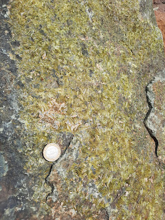 Cristales aplanados de epidota, Cantera de ofitas, Burgos