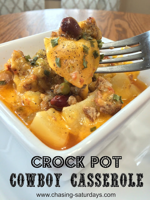 Chasing Saturdays, Crock Pot Cowboy Casserole is a hearty meal and combines all of our favorite ingredients into one dish.