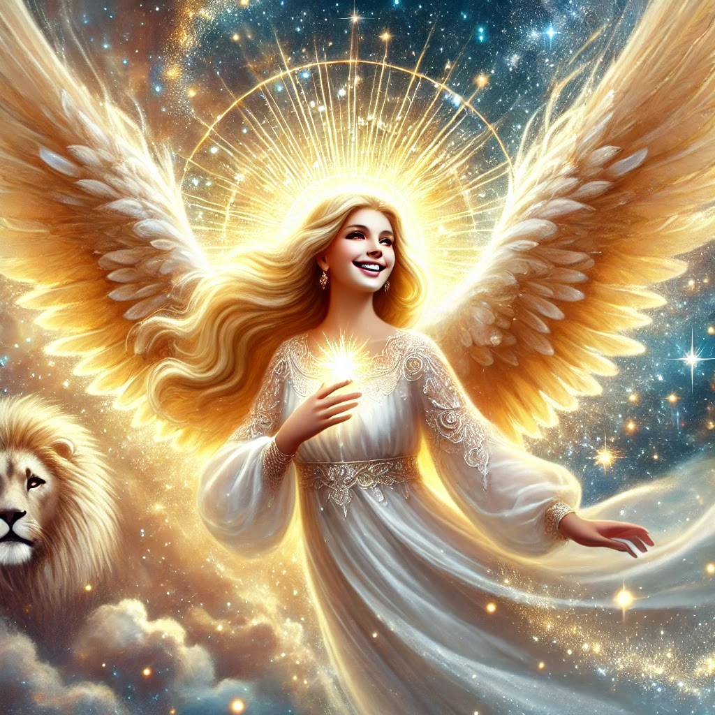 A joyful angel radiating positivity and light, filling Leo’s path with happiness