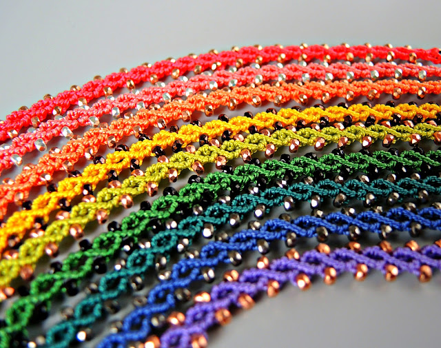 Micro Macrame bracelets in a rainbow of colors from Sherri Stokey.