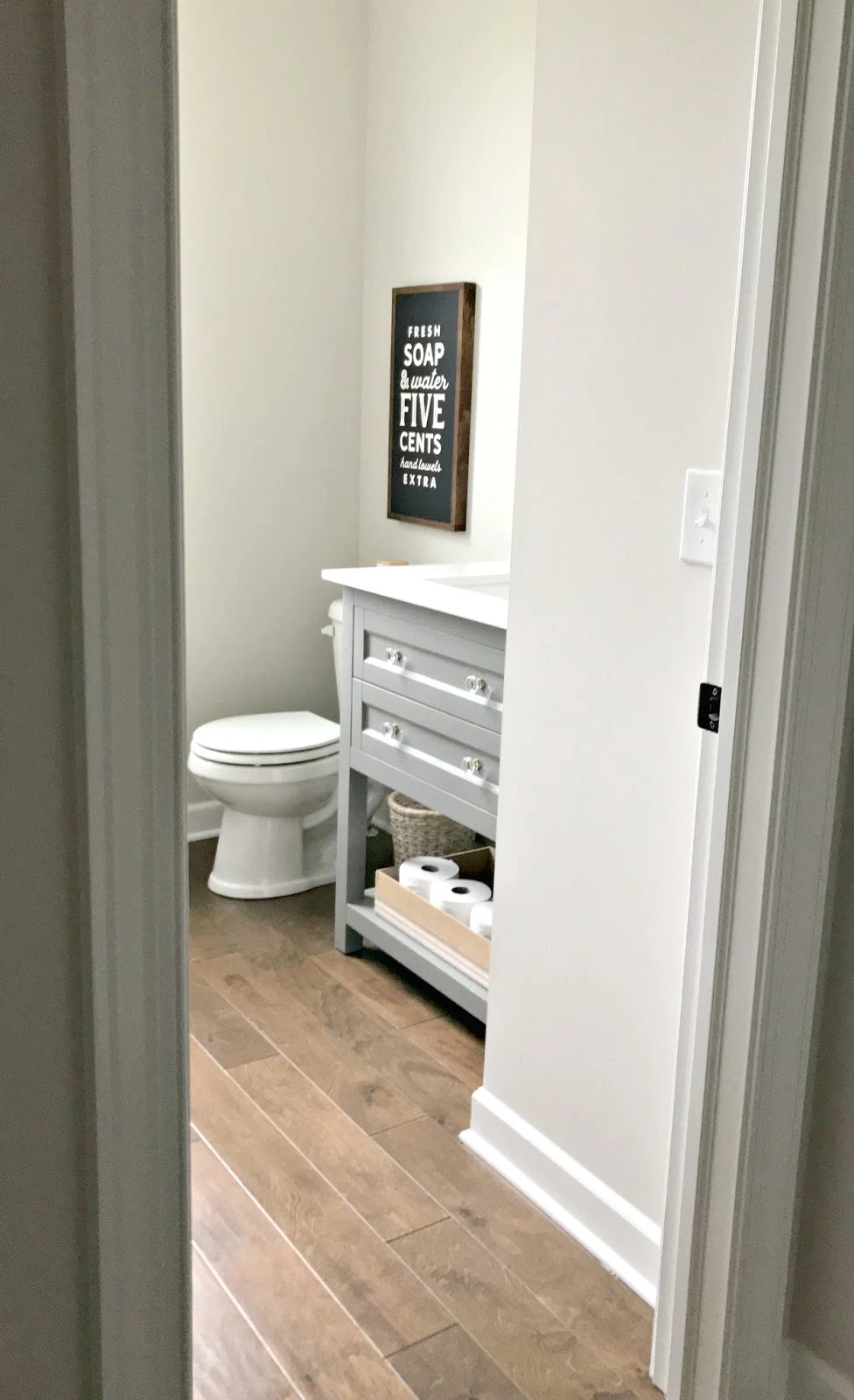 gray open bathroom vanity
