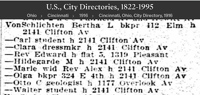 black and white text from cincinnati city directory listing members of the Von Schlichten family on Clifton Avenue