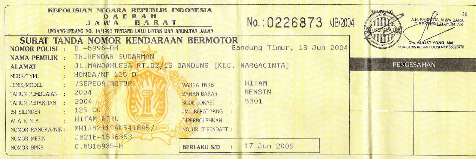 Contoh Surat Kuasa Pengurusan Balik Nama Kendaraan Bermotor