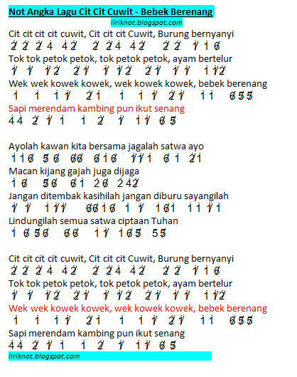 Not Angka Lagu Cit Cuwit bebek Berenang