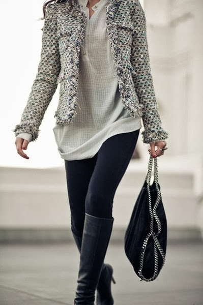  blazer, leggings and a simple blouse with boots