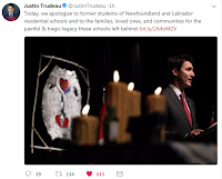 Tweet from Justin Trudeau apologizing to former students etc. of Nfld and Labrador residential schools.  "Today, we apologize to former students of Newfoundland and Labrador residential schools and to the families, loved ones, and communities for the painful & tragic legacy these schools left behind"