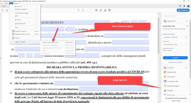 apertura di file PDF in adobe reader