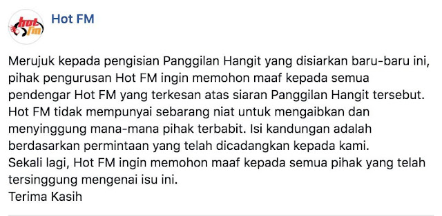 Hot FM minta maaf isu panggilan hangit