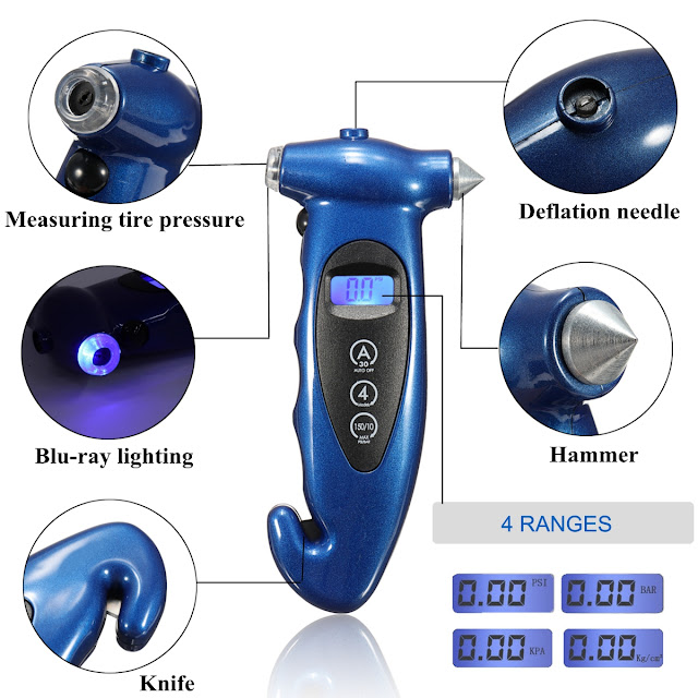 5 in 1 LCD Digital Tire Pressure Gauge Night Lighting Hammer Knife Deflation Needle Function 