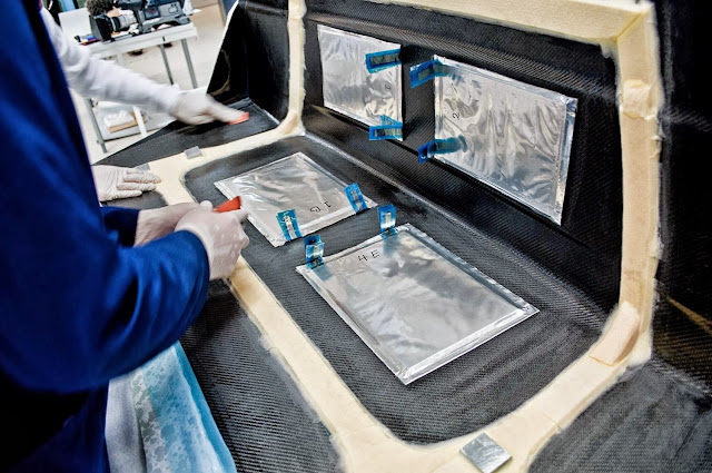 The super capacitors being sealed inside the carbon fibre sheets