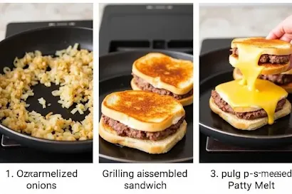 Ingredients for Patty Melts including beef, rye bread, and cheese.