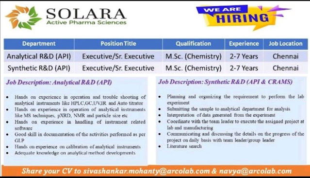 Solara Active Pharma Science Job Vacancy For Analytical R&D/ Synthetic R&D