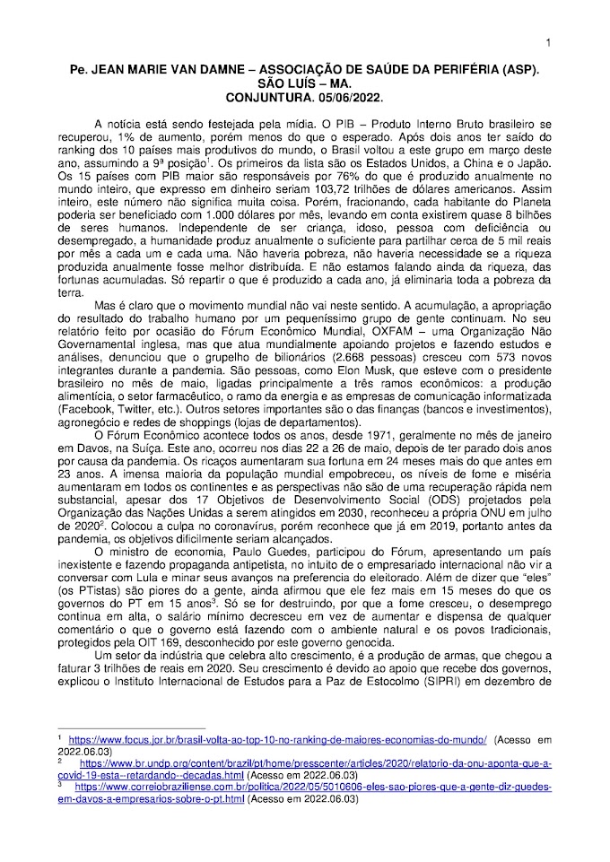 ANÁLISE DE CONJUNTURA. Pe. JEAN MARIE VAN DAMNE. 05/06/2022