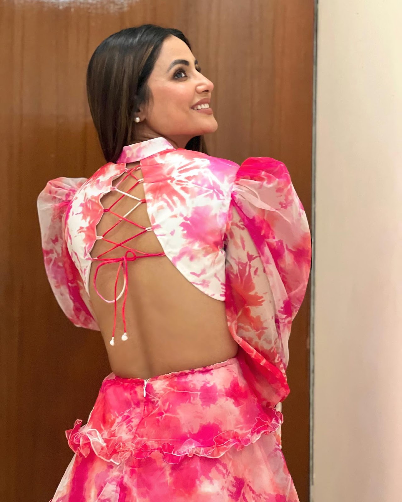 Hina Khan backless pink short dress