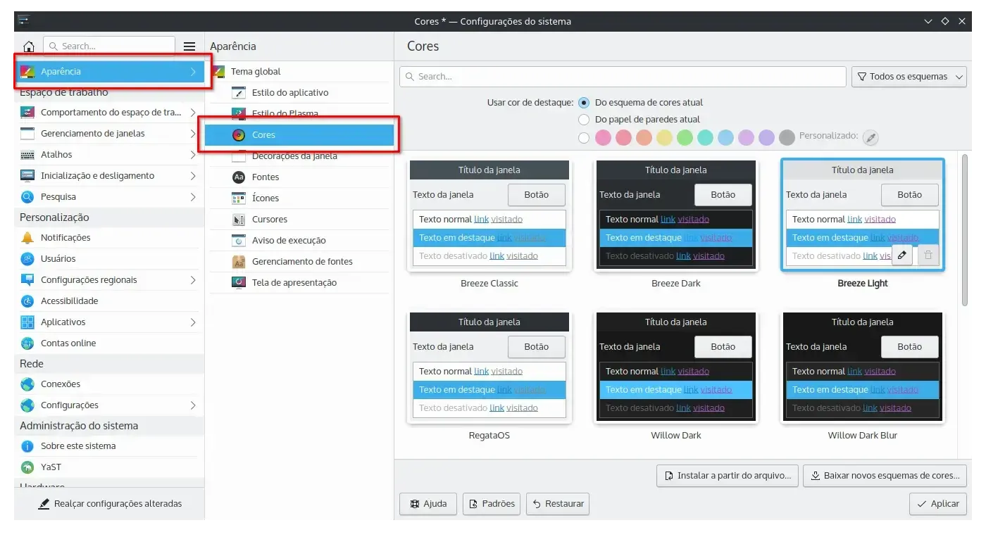 Escolhendo novo tema de cores no KDE Plasma