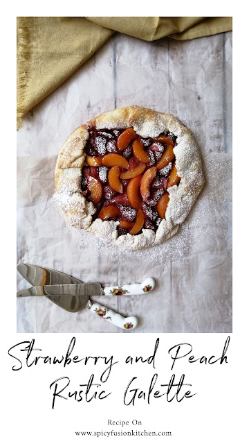 Strawberry and Peach Rustic Galette, pinterest, pinterest food, food flatlay, flatlay, strawberry galette, peach galette, galette, galette recipe, fruit, strawberries, peaches, dessert, pie, tart, food, food photography, food blogger, food blog, food pictures, food recipe, dessert recipe, pastry, food stylist, spicy fusion kitchen, sweet, fruit tart, fruit galette, fruit pie, rustic galette,