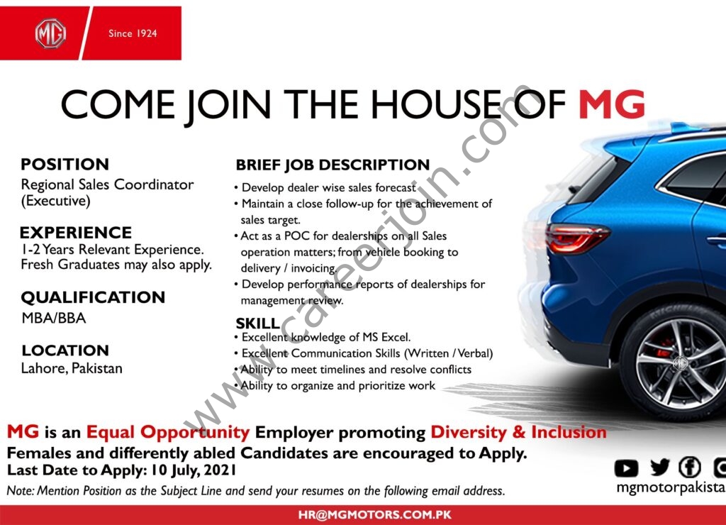 MG Motor Pakistan Jobs Regional Sales Coordinator